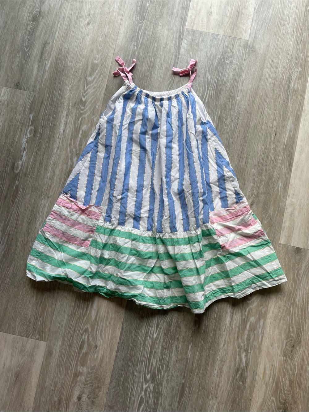 Mini Boden Stripe Colorblock Tie-Shoulder Sundress Blue, Pink & Green size 7-8